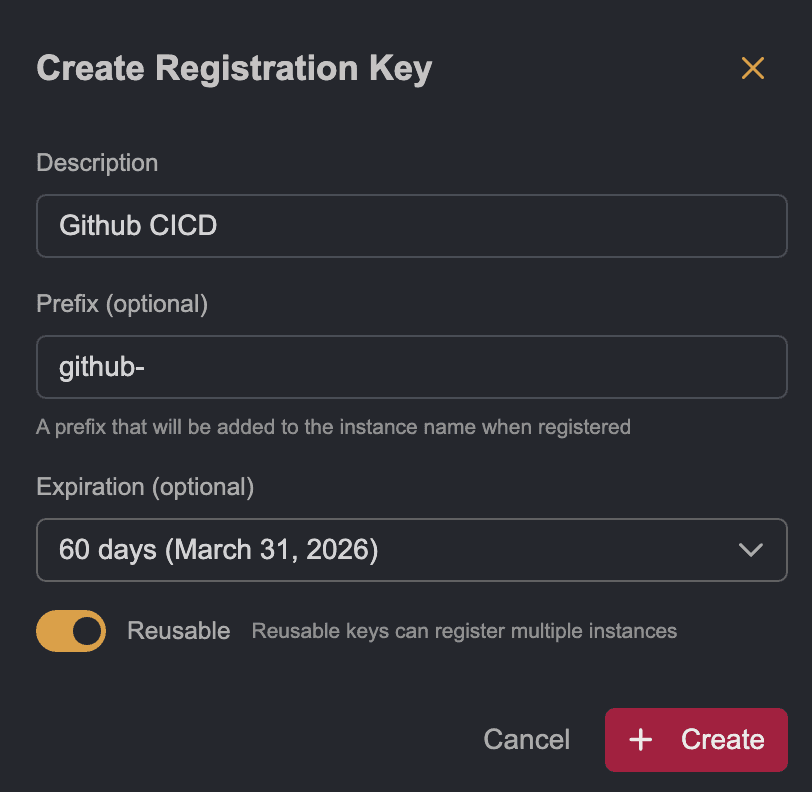 New registration key form